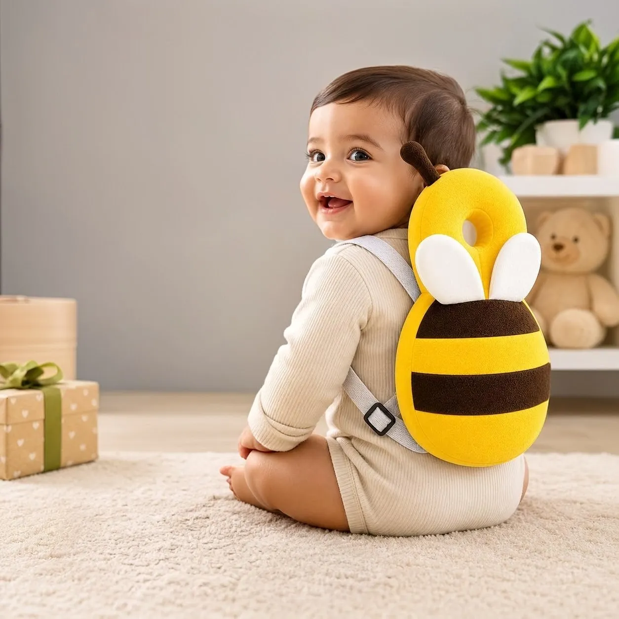 Baby head protector yellow backpack style padded cushion