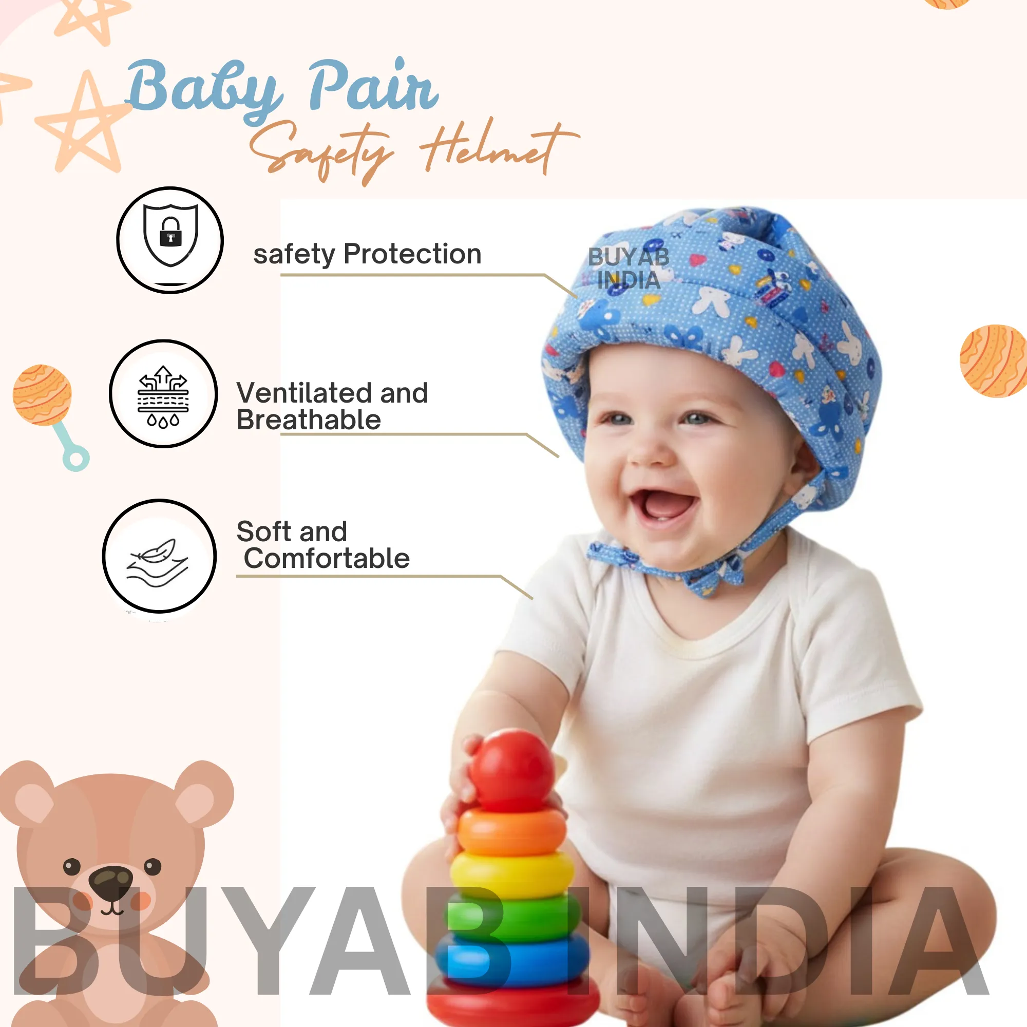Baby safety helmet Pure Cotton blue color breathable helmet