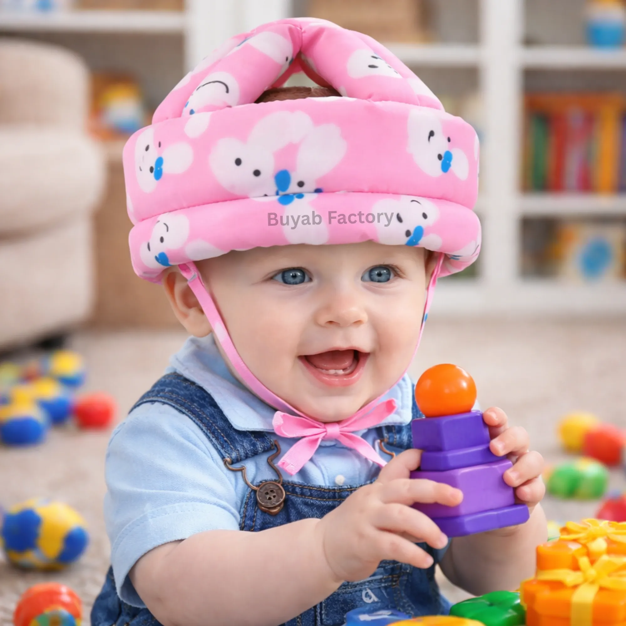 Baby safety helmet pink Happy Print head protector for toddlers