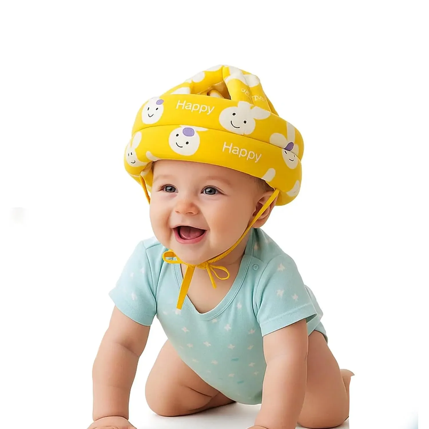 Baby safety helmet yellow Happy Print EVA foam for crawling infants